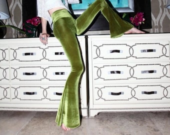 Stretchy, Velvet Bell Bottoms in Avocado Green, Size 4