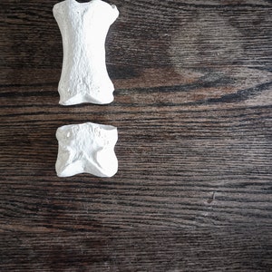 Peut inclure: Deux objets blancs en forme d'os sur une surface en bois fonc&eacute;.