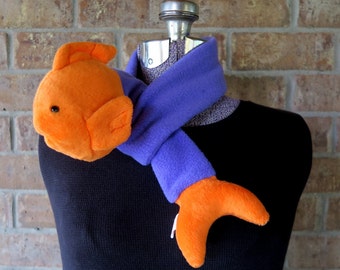 Kids Scarf - Stuffed Goldfish - Goldie Beanie Baby - Plush Fish - Animal Scarf - Toddler Girl Clothes - Girl Gift - Purple Fleece - Fish Tie