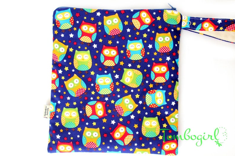 zip Wet Bag 10 x 11 or 10 x 7 inches size Australian made with snap open strap \u2013 Owl stars