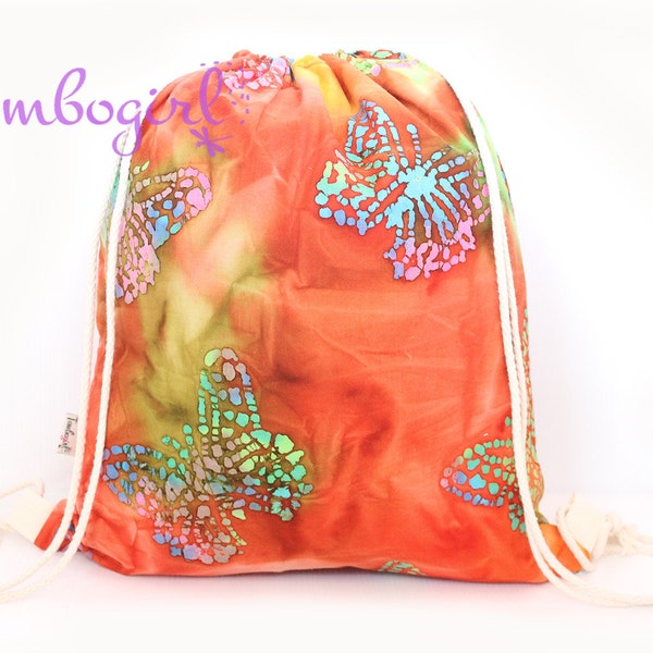 Swim Bag, Child Care, Day Care, Waterproof Drawstring Backpack, Wet Bag, Art Smock Bag, Australian made, Birthday Gift – Batik Dye Butterfly