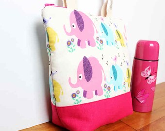 Insulated Lunch Bag / lunch Tote, Personalised, Australian made, zipped, Waterproof lining – Medium or Large, Pink Elephant