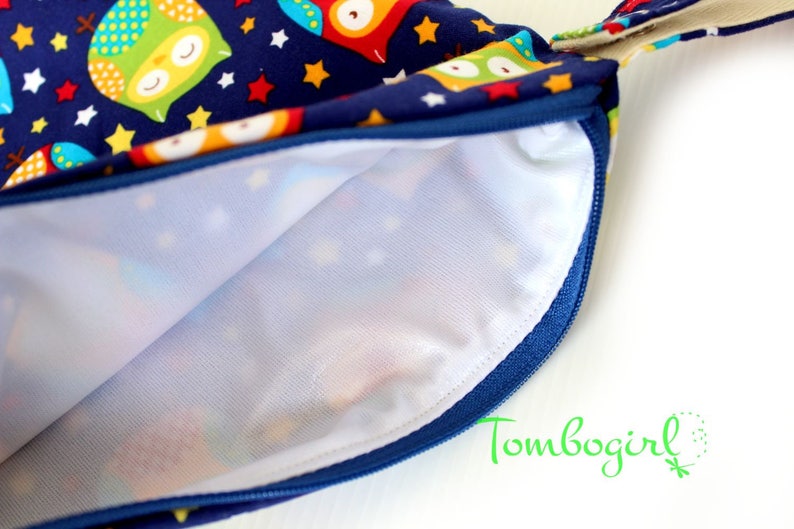 zip Wet Bag 10 x 11 or 10 x 7 inches size Australian made with snap open strap \u2013 Owl stars