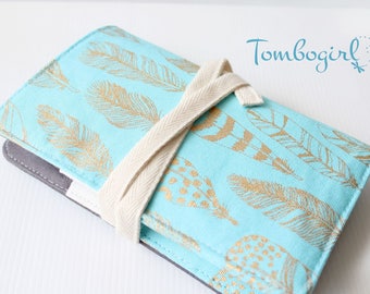 Family Passport Holder, Travel Accessory, Passport Cover, 4, 6 or 8 Passport Holder,  Australian made  – Gold Feather Mint Blue