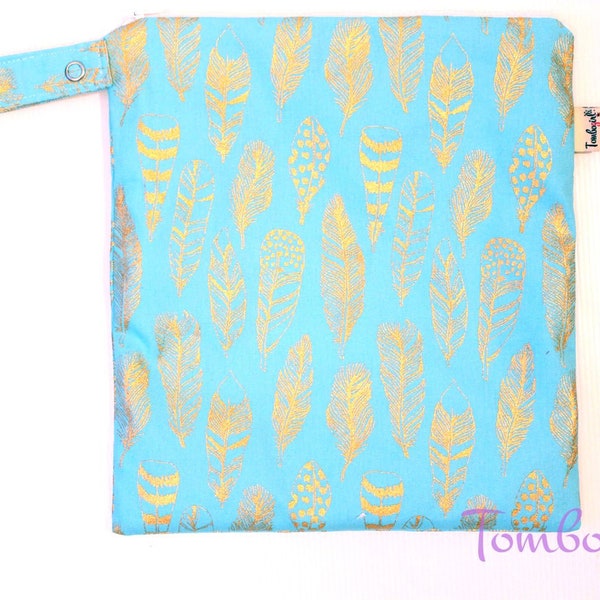 Wet Bag 10 x 11 or 10 x 7 inches size Australian made, zip, with snap open strap – Gold Feather Mint Blue