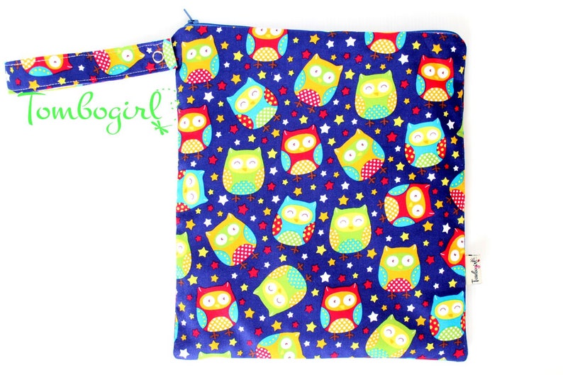 zip Wet Bag 10 x 11 or 10 x 7 inches size Australian made with snap open strap \u2013 Owl stars