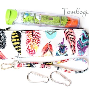 Insulated single or Double Epipen bag, Australian made,  cotton Drill – Rainbow Feathers  (Flat shape)