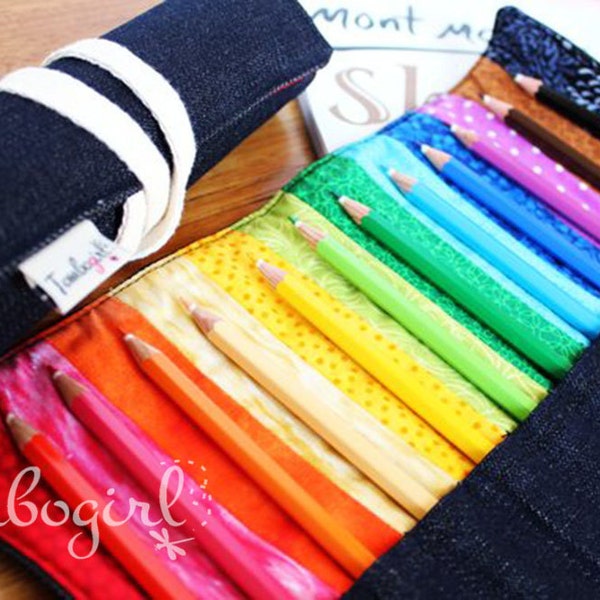 Rainbow Pencil Roll / case, Personalised name applique, Back to school,  Australian made  – Blue Denim, optional 12 quality coloured pencils