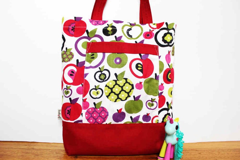 Personalised Customised name Australian made Red Apple with pocket \u2013 12 x14 inches Kids library bag girls library lesson tote bag