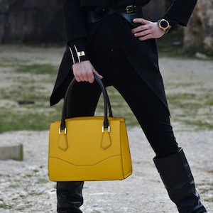 Yellow Leather Tote Bag, Custom Made to Order Leather Bag, Hand Stitched Leather Shoulder Handbag, Leather Bag Women