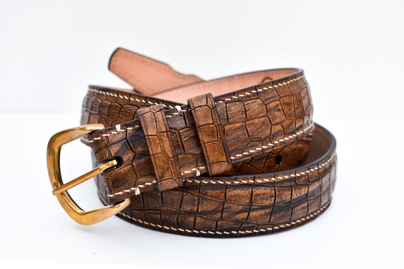 Hand Stitched Leather Belt Leather Belt With Alligator Print - Etsy