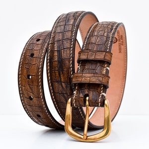 Cinturón de cuero cosido a mano / Cinturón de cuero con estampado de cocodrilo / Cinturón de cuero para hombres / Cinturón de cuero con estampado de cocodrilo / Regalo para hombres