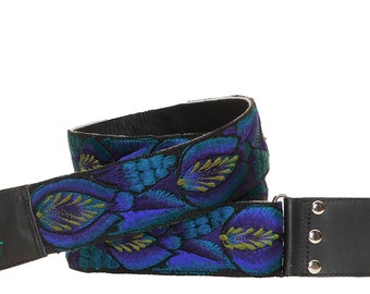 Gift guitarist, Leather guitar strap, Blue guitar strap, Electric guitar strap, Guatemalan embroidered  - Tulipanes Turquoise/Blues TUG2