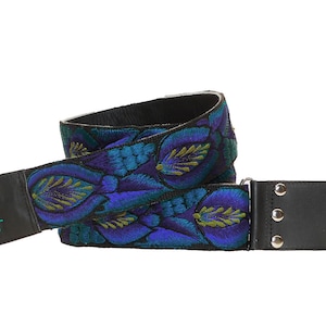 Gift guitarist, Leather guitar strap, Blue guitar strap, Electric guitar strap, Guatemalan embroidered  - Tulipanes Turquoise/Blues TUG2
