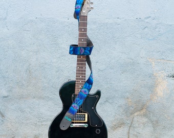 Guatemalan embroidered leather guitar strap, Gift guitarist,  Acoustic guitar strap, Electric guitar strap - Blue, turquoise, mauve - FGG3
