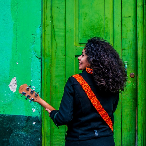 Guatemalan embroidered leather guitar strap, Orange guitar strap, Acoustic guitar, Country Blues Rock, Gift guitarist - Mandarin Orange LGG2