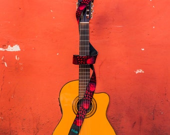 Leather guitar strap, Red guitar strap, Birds guitar strap, Gift guitarist, Acoustic Electric guitar strap  - Peacock Red PRG3