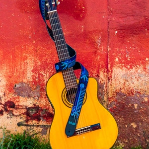 Leather guitar strap, Acoustic guitar strap, Gift for a guitarist, Blue guitar strap, Woven guitar strap - Serpent Blue SPG3