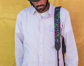 Leather camera strap, DSLR camera strap, Gift photographer, Gift for him, Gift for her, Unique camera strap - Magenta Turquoise - FPC6
