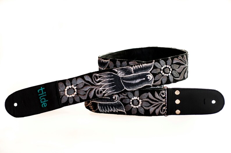 Leather Embroidered Guitar Strap Gift Guitarist Black/white Etsy