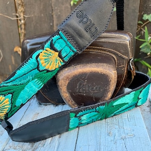 Handcrafted slim leather camera strap with Guatemalan embroidery, DSLR camera strap, Adjustable Neck & Cross Body, jade, cyan. green - JDCD2