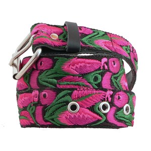 Leather belt with traditional Guatemalan embroidery, Gift for her, Boho chic belt, Magenta belt, Hippie belt -  BQB3M