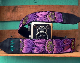 Leather camera strap, Gift photographer, DSLR camera strap, Purple camera strap, Gift for her - Big Flower in violet, purple, green - FGC2