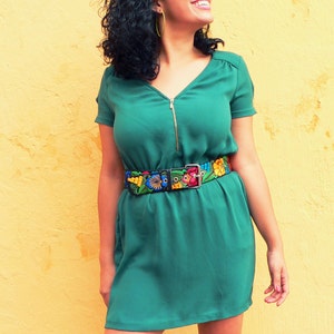 Colorful Boho Floral Wide Belt, Dress Belt, Woven Belt, Womens Leather Belt - yellow, blue, red, green flowers - Medium Large - JDWB6