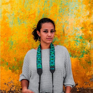 Leather camera strap, DSLR camera strap, Guatemalan camera strap, Gift photographer, Gift for him -Mayan spirits in jade, cyan NHC4