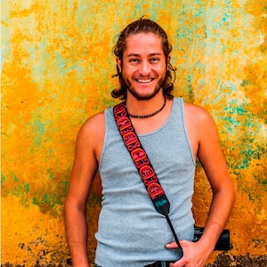 Leather camera strap, Mayan camera strap, Orange camera strap, DSLR camera strap, Gift for Photographer  - Nahuales in orange, red - NHC1