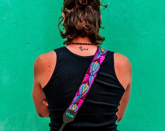Gift photographer, Leather camera strap, Unique camera strap, Embroidered camera straps, Dslr camera strap- Tulips magenta, turquoise - TUC3
