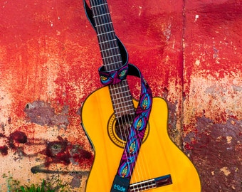 Guatemalan embroidered, leather guitar strap, gift guitarist, woven guitar strap, gift for him her- Turquoise/Magenta TUG3