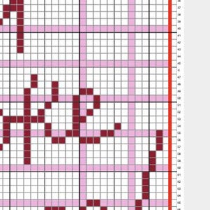 Może przedstawiać: Wz&oacute;r do haftu krzyżykowego na białym tle w kratkę z jasnor&oacute;żowymi liniami pionowymi i poziomymi. Projekt zawiera ciemnoczerwone, pikselowe litery tworzące fragmenty sł&oacute;w oraz czerwoną pionową linię brzegową po prawej stronie.