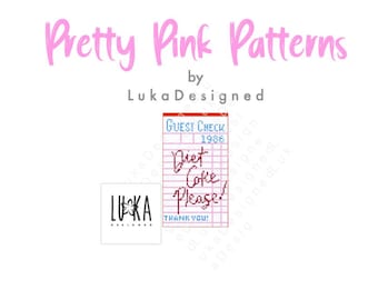 Może przedstawiać: Cyfrowa grafika z tekstem Pretty Pink Patterns by LukaDesigned. Poniżej znajduje się kwadratowe logo z napisem LUKA DESIGNED oraz wzór haftu krzyżykowego przedstawiający rachunek z tekstem Diet Coke Please! i THANK YOU! w kolorze czerwonym i niebieskim.