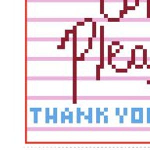 Może przedstawiać: Wz&oacute;r haftu krzyżykowego na białej tkaninie w poziome r&oacute;żowe linie. Tekst jest wyszyty ciemnoczerwoną nicią "Oh, Please", a na dole "THANK YOU" niebieskimi literami blokowymi, całość zamknięta w cienkiej czerwonej prostokątnej ramce.