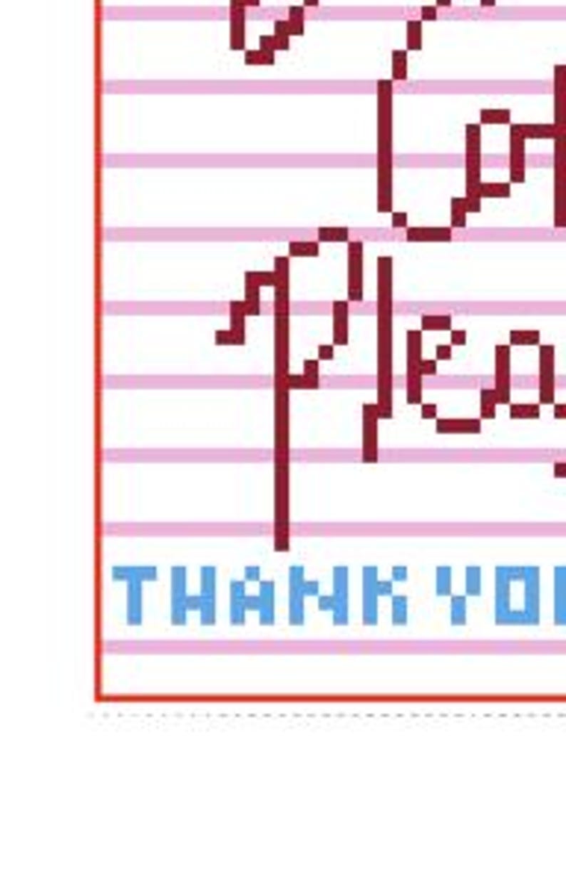 Może przedstawiać: Wz&oacute;r haftu krzyżykowego na białej tkaninie w poziome r&oacute;żowe linie. Tekst jest wyszyty ciemnoczerwoną nicią "Oh, Please", a na dole "THANK YOU" niebieskimi literami blokowymi, całość zamknięta w cienkiej czerwonej prostokątnej ramce.