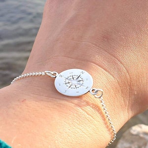 BRACELET Engraved Sterling Silver Compass Wind Rose, Travel Jewelry, delicate chain bracelet, Maritime Nautical Symbol