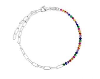 Rainbow Multicolor Cubic Zirconia and Link Chain Sterling Silver Bracelet, Pink, Purple, Yellow, Green, Blue, Orange, Colorful Gemstones