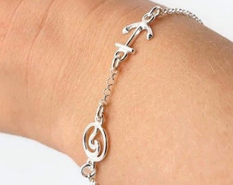 Maritime Nautical Bracelet, Anchor Anker and Sea Wave Symbols, Delicate Sterling Silver 925 Chain Bracelet
