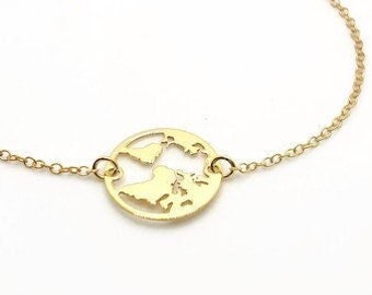 World Map 18K Gold Plated Silver Bracelet, Globe Earth Bracelet, Travel Jewelry