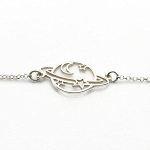 Saturn Planet Sterling Silver Bracelet, Link Chain Bracelet, Celestial Universe Sky Jewelry