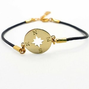 BRACELET Wind Rose Compass, Leather Cord Bracelet, Sterling Silver 925 or Gold Plated Bracelet, Nautical Maritime Travel Jewelry