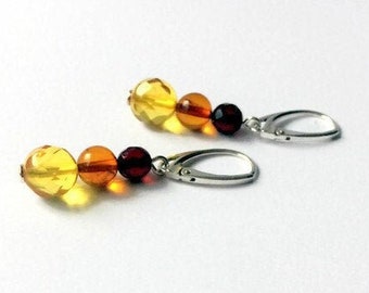 Faceted Diamond Cut Multicolor Dangle Amber and sterling silver 925, natural amber jewelry