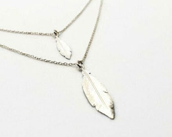 Boho Hippie Feather Pendant Necklace, Two Strand Doble chain, Nature inspired jewelry