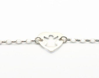 Pulsera de ángel de la guarda en plata de ley con corazón y circonita rosa