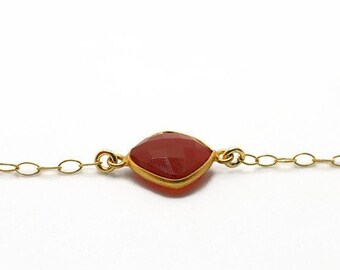 Red Carnelian and Gold Plated Link Bracelet, Faceted Carnelian, Natural Gemstone Jewelry