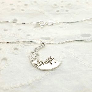 Moon Pendant Necklace and Engraved Mountains and Night Sky, Sterling Silver Moon and Stars Travel Inspired Jewelry, Mountain Adventure
