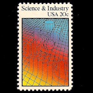 May include: A vintage postage stamp with the text "Science & Industry USA 20c." The stamp features a colorful, stylized illustration of industrial structures, with a gradient of red, orange, yellow, blue, and purple hues. The design is set against a grid.