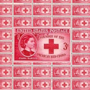 May include: A sheet of 3-cent United States postage stamps featuring Clara Barton, the founder of the American Red Cross. Each stamp depicts a red cross and the text "Founder of the American Red Cross".