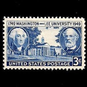 May include: A blue United States postage stamp commemorating Washington and Lee University. The stamp features portraits of George Washington and Robert E. Lee, along with an image of a building. The stamp is marked "3¢" and "United States Postage."